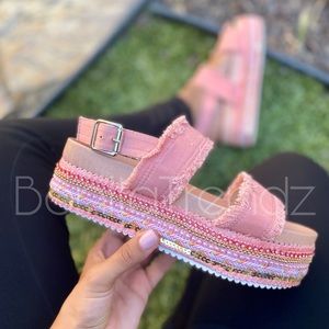 Pink Denim Flatform Footbed Platform Sandals